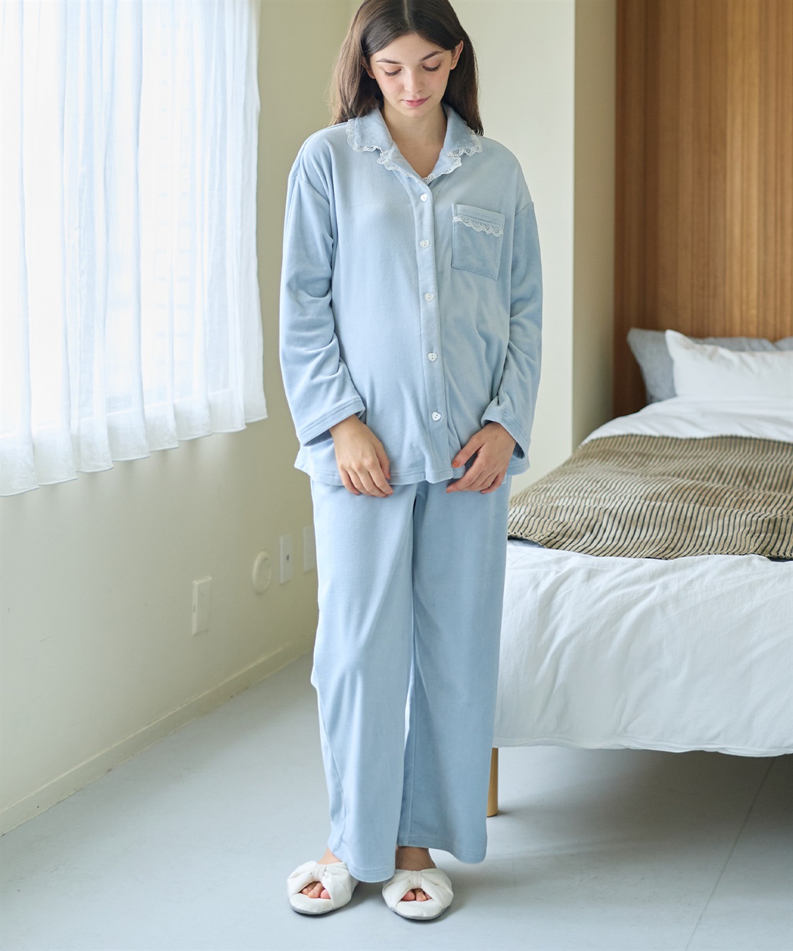 Rosemadame ベロア 配色レース マタニティパジャマ 授乳対応 前開き ルームウェア 入院準備 産前・産後対応_main
