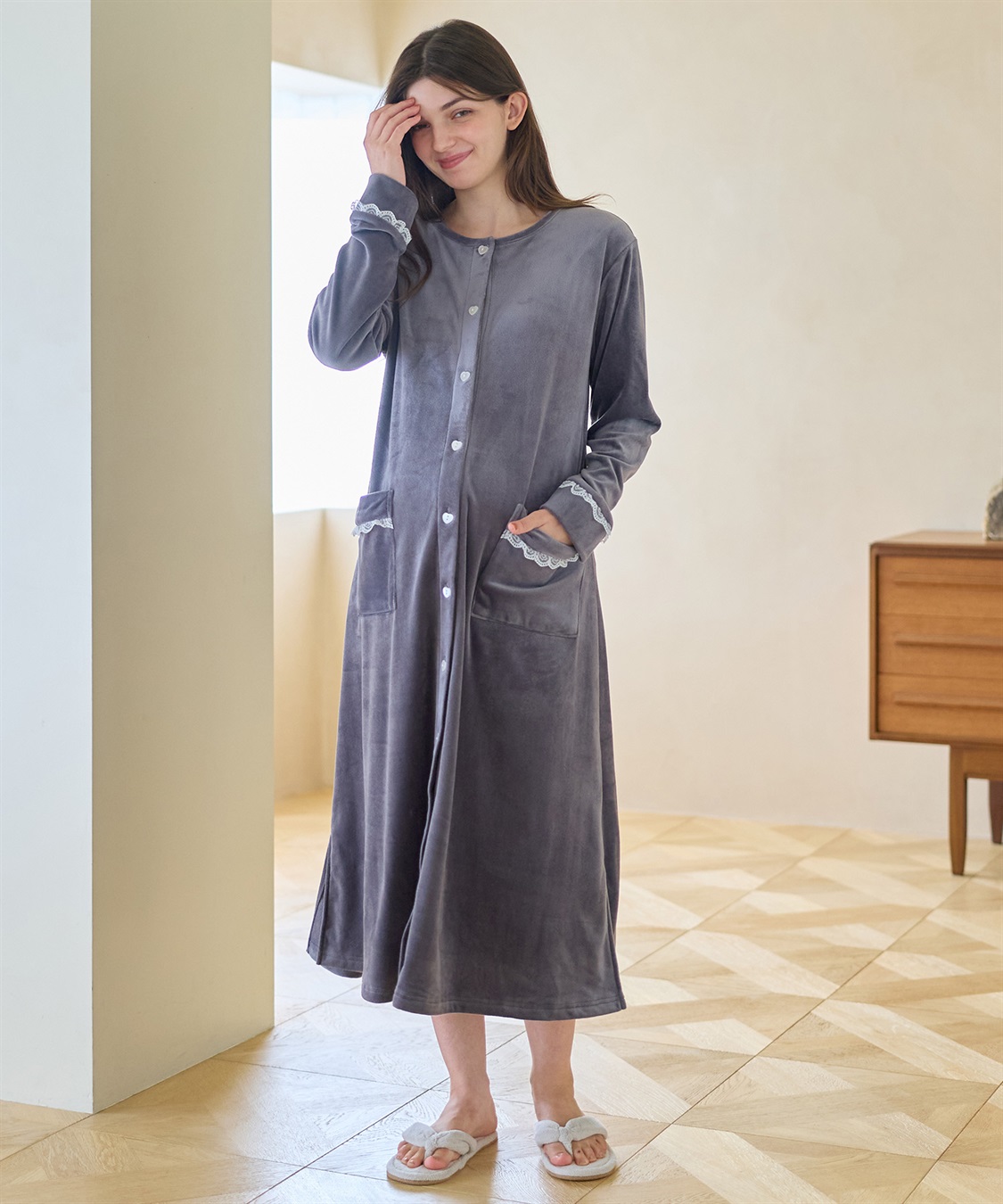 Rosemadame ベロア 配色レース ネグリジェ ワンピース マタニティパジャマ 授乳対応 前開き ルームウェア 入院準備 産前・産後対応_main