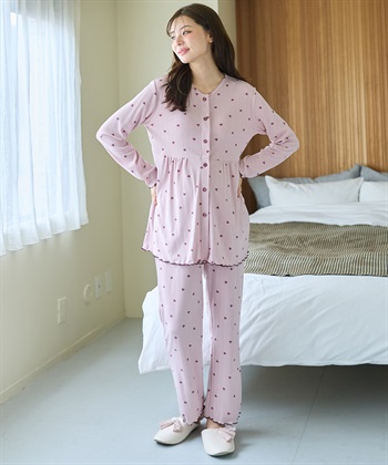 パターンメッシュ ハート柄 マタニティパジャマ　授乳対応 入院準備 産前産後対応(ピンク-Ｍ)