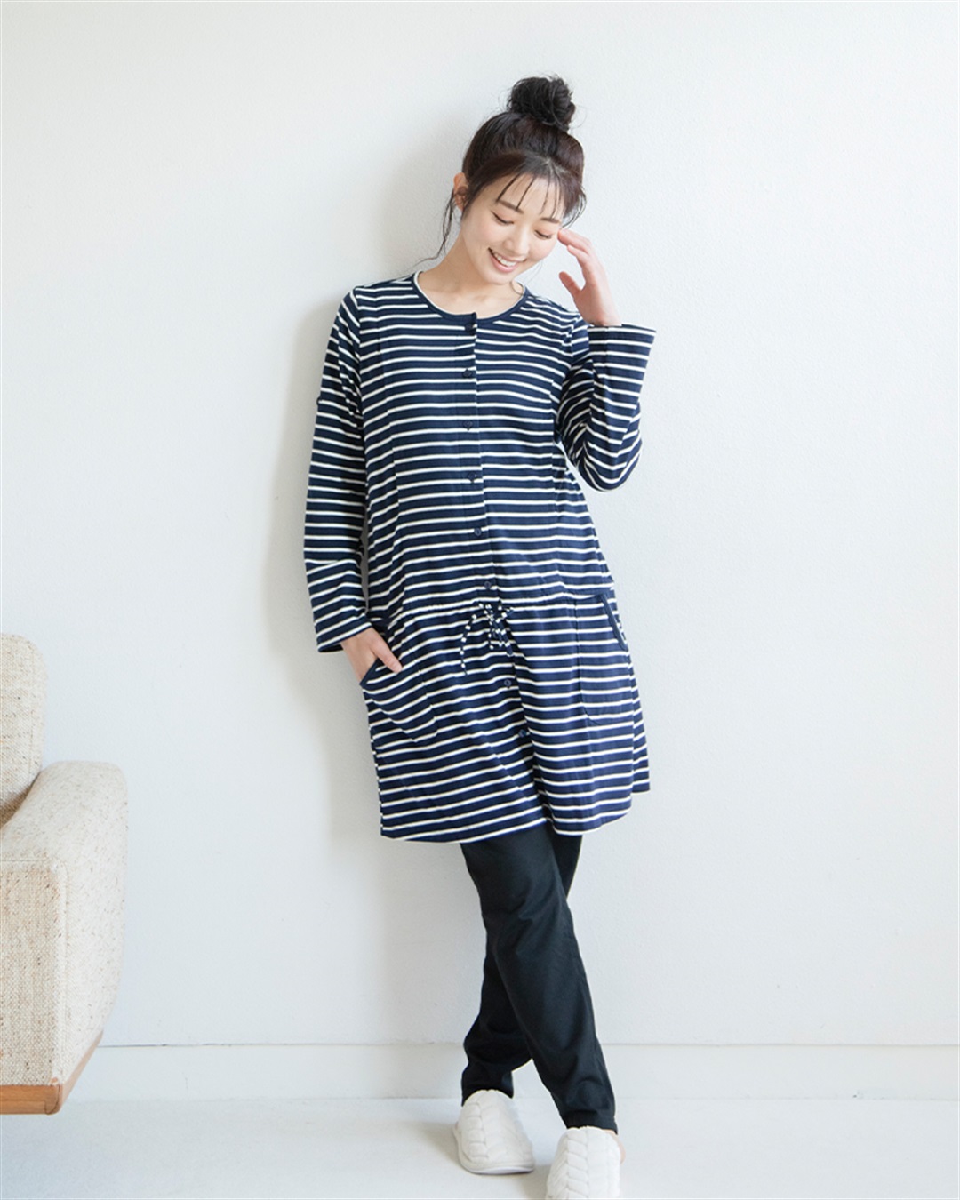 Rosemadame 天竺授乳口付きパジャマ　長袖 ロールアップ 着丈90cm 綿混 シンプル ポケット付き　マタニティパジャマ　maman et bebe(ママンエベベ)（マタニティ/授乳服）入院準備 出産準備 産前 産_variation_6