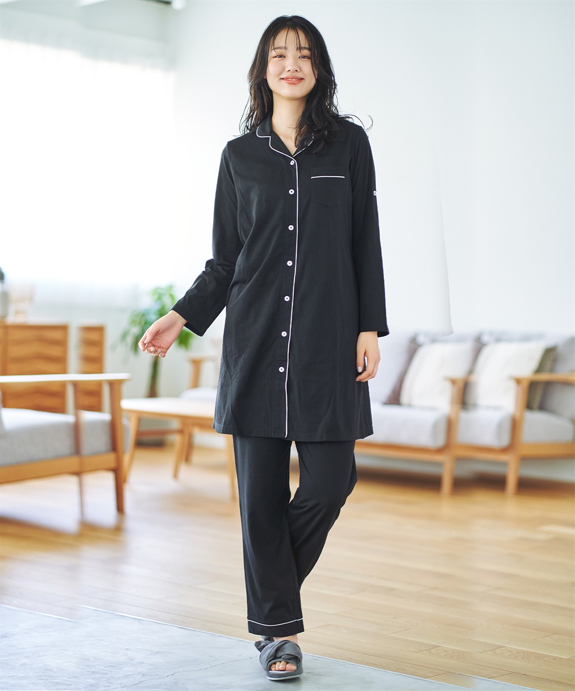 Rosemadame 天竺襟付き授乳口付きパジャマ　長袖 ロールアップ 着丈90cm 綿混 シンプル ポケット付き　マタニティパジャマ　maman et bebe(ママンエベベ)（マタニティ/授乳服）入院準備 出産準備 産_variation_8