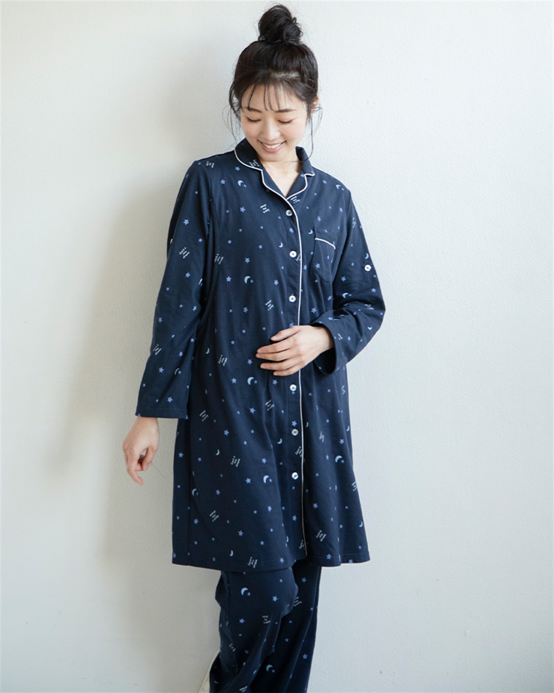 Rosemadame 天竺襟付き授乳口付きパジャマ　長袖 ロールアップ 着丈90cm 綿混 シンプル ポケット付き　マタニティパジャマ　maman et bebe(ママンエベベ)（マタニティ/授乳服）入院準備 出産準備 産_variation_7