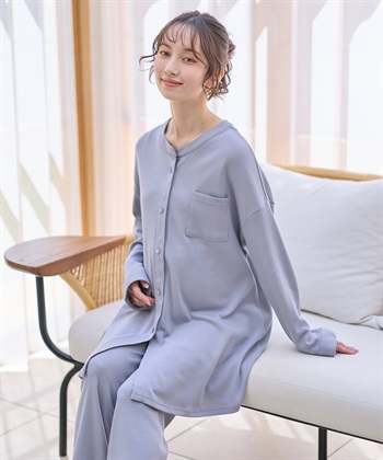 マタニティから産後まで ふわふわスムース無地パジャマ（マタニティ/授乳服）授乳楽々 妊婦服 産前・産後対応(グレー-Ｍ)