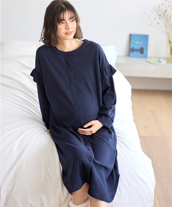 マタニティから産後まで ふわふわスムース無地ネグリジェ パジャマ（マタニティ/授乳服）授乳楽々 妊婦服 産前・産後対応(ネイビー-Ｍ)