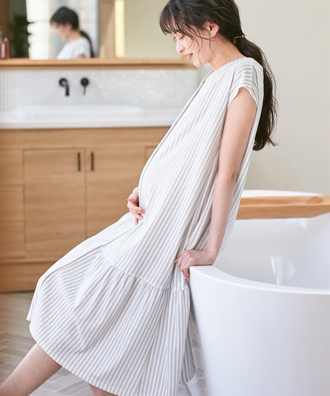 Rosemadame 吸汗速乾 機能付き ストライプフレンチスリーブカットソーネグリジェパジャマ（マタニティ&amp;授乳服）_variation_1