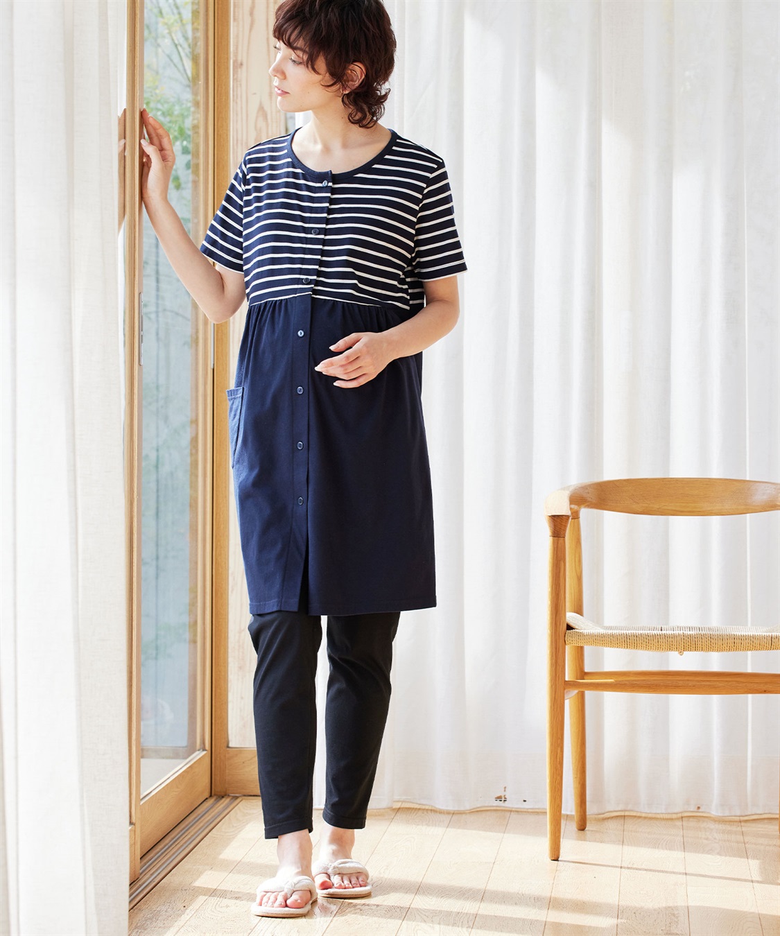 Rosemadame 上下セット天竺先染めボーダー＆無地 らくらく授乳半袖パジャマ（マタニティ～産後）_variation_2