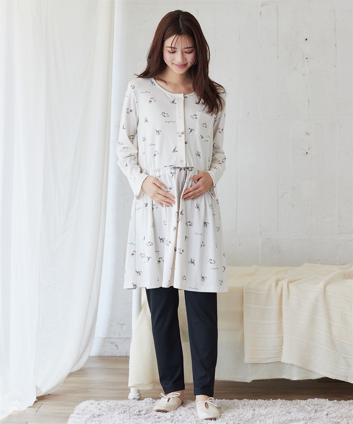 Rosemadame 【セット】ふわふわスムース無地・ネコ柄パジャマ(産前・産後対応 マタニティ＆授乳服 ルームウェア)_variation_1