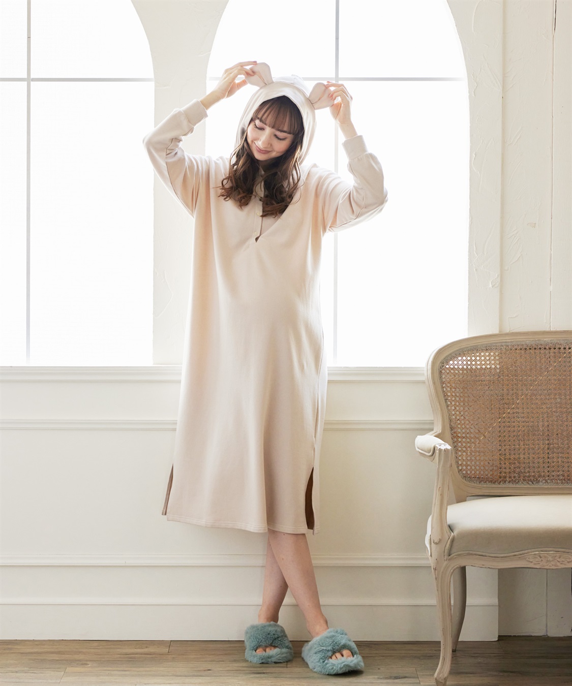 Rosemadame アニマルフード ストレッチルームワンピース/パジャマ(産前・産後対応 マタニティ＆授乳服 ルームウェア)_variation_1