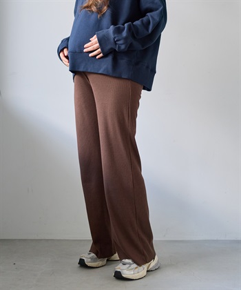 産後にも活躍 セルフカットできるマタニティリブストレートらくちんパンツ（マタニティ）妊婦服 産前・産後対応(ブラウン新-Ｍ)