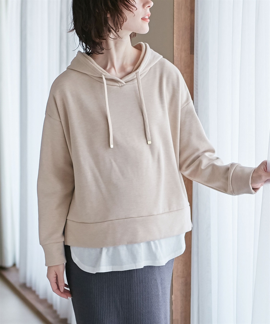 Rosemadame 裏起毛フーディー&amp;リブタイトスカートドッキングワンピース（マタニティ/授乳服）授乳口付き 授乳楽々 妊婦服 産前・産後対応_variation_1