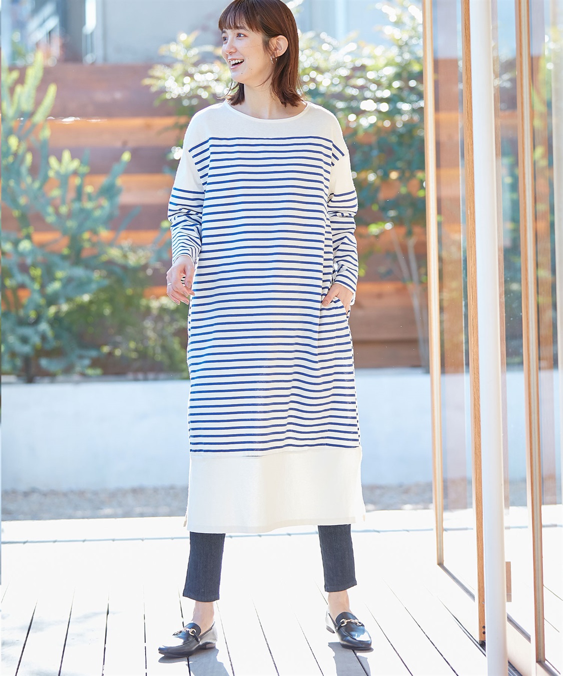 Rosemadame コットン100％ パネルボーダー/無地 長袖ワンピース（マタニティ/授乳服）授乳楽々 妊婦服 産前・産後対応_variation_1