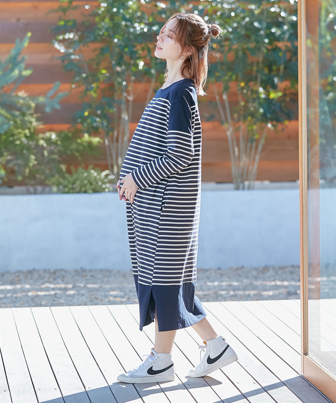 Rosemadame コットン100％ パネルボーダー/無地 長袖ワンピース（マタニティ/授乳服）授乳楽々 妊婦服 産前・産後対応_variation_4