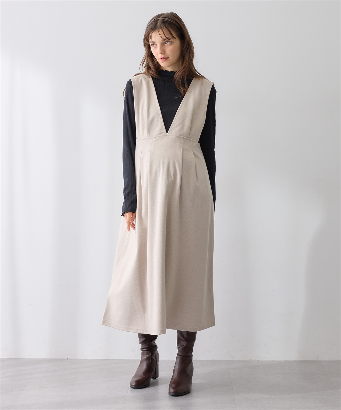 Rosemadame 【セットアイテム】Vネックワンピース&#215;メロウフリルプチハイネックカットソー ジャンパースカートドレス アンサンブル(マタニティ/授乳服）授乳口付き 授乳楽々 妊婦服 産前・産後対応_variation_2