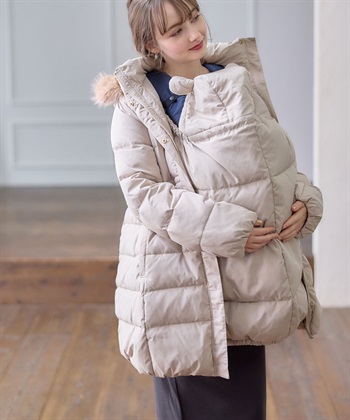 マットタフタダウンママコート＆ケープセット(マタニティ&授乳服）妊婦服 産前・産後対応(オフベージュ-Ｍ)