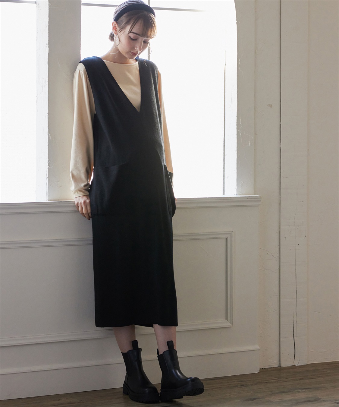 Rosemadame 【セットアイテム】Vネックニットジャンスカ×スムースカットソー アンサンブルワンピース(マタニティ&amp;授乳服）授乳口付き 授乳楽々 妊婦服 産前・産後対応_variation_1