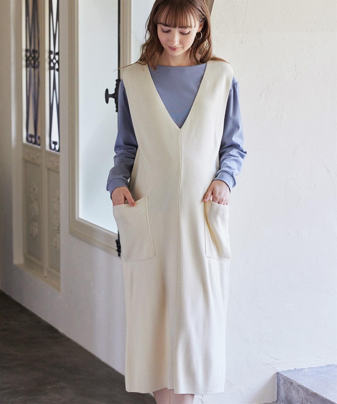 Rosemadame 【セットアイテム】Vネックニットジャンスカ×スムースカットソー アンサンブルワンピース(マタニティ&amp;授乳服）授乳口付き 授乳楽々 妊婦服 産前・産後対応_variation_2