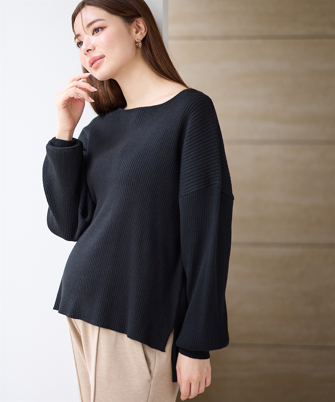 Rosemadame ボリュームスリーブリブニットプルオーバー（マタニティ/授乳服)授乳楽々 妊婦服 産前・産後対応_main