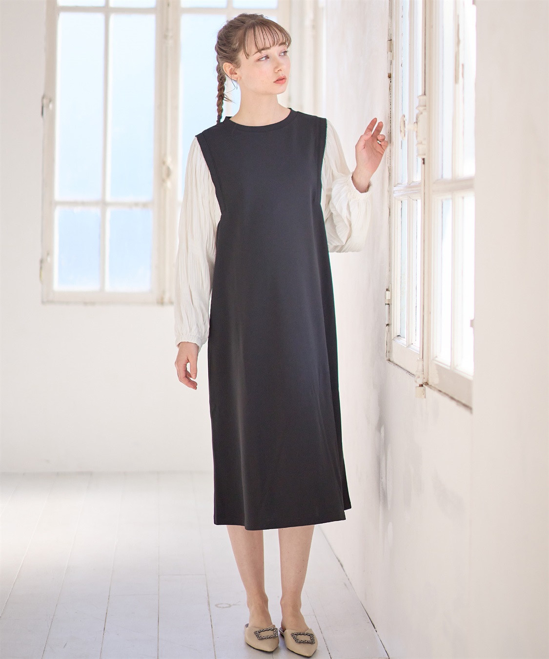 シャーリングスリーブ スムースワンピース(マタニティ/授乳服 シャーリングスリーブ スムースワンピース(マタニティ/授乳服