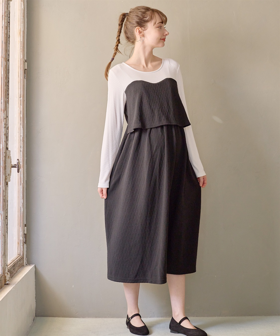 Rosemadame ふくれジャガード&#215;テレコカットソー ビスチェ風 ワンピース(マタニティ/授乳服）授乳口付き 授乳楽々 妊婦服 産前・産後対応_variation_1