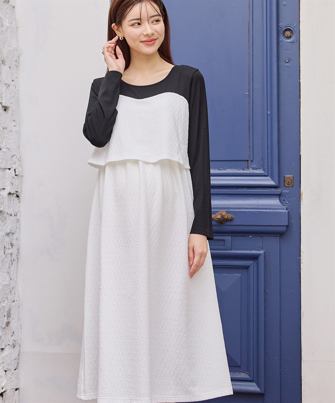 Rosemadame ふくれジャガード&#215;テレコカットソー ビスチェ風 ワンピース(マタニティ/授乳服）授乳口付き 授乳楽々 妊婦服 産前・産後対応_variation_2