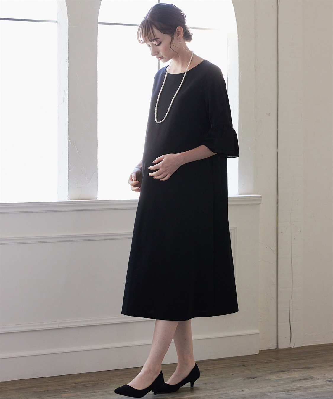 Rosemadame ジョーゼットフレアスリーブ スムースワンピースドレス(マタニティ/妊婦服 産前・産後対応・フォーマルワンピース・オケージョンドレス)_variation_1