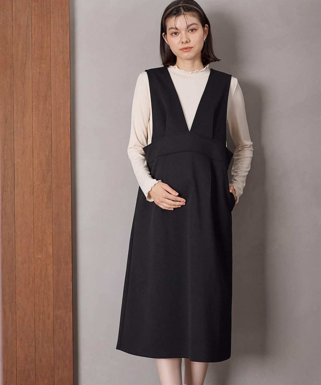 Rosemadame 【セットアイテム】Vネックダンボールワンピース×メロウフリルプチハイネックカットソー ジャンパースカートドレス アンサンブル(マタニティ/授乳服）授乳口付き 授乳楽々 妊婦服 産前・産後対応_variation_1