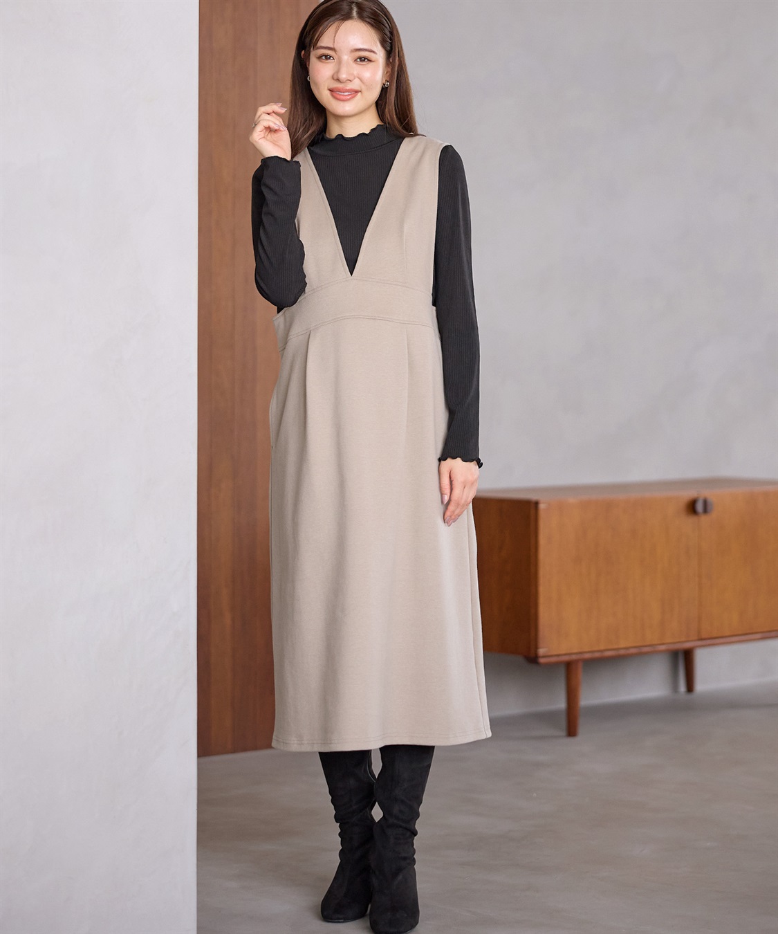 Rosemadame 【セットアイテム】Vネックダンボールワンピース×メロウフリルプチハイネックカットソー ジャンパースカートドレス アンサンブル(マタニティ/授乳服）授乳口付き 授乳楽々 妊婦服 産前・産後対応_variation_2