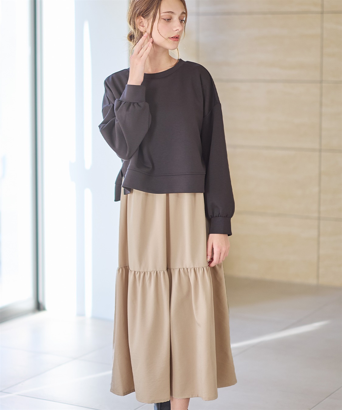 Rosemadame ダンボールプルオーバー&#215;ティアードスカートドッキングワンピース(マタニティ&amp;授乳服）授乳口付き 授乳楽々 妊婦服 産前・産後対応_variation_1