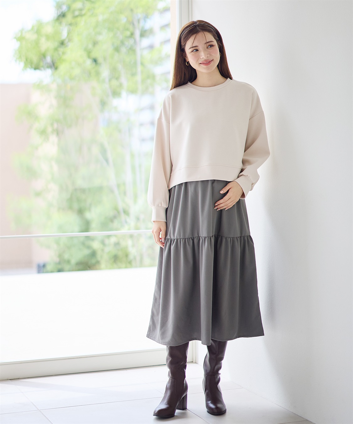 Rosemadame ダンボールプルオーバー&#215;ティアードスカートドッキングワンピース(マタニティ&amp;授乳服）授乳口付き 授乳楽々 妊婦服 産前・産後対応_variation_2