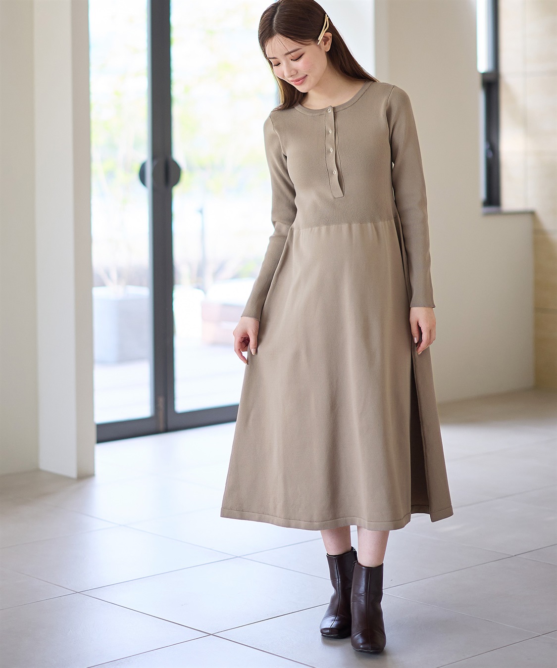 リングドットリブニットフレアワンピース(マタニティ&授乳服）授乳口