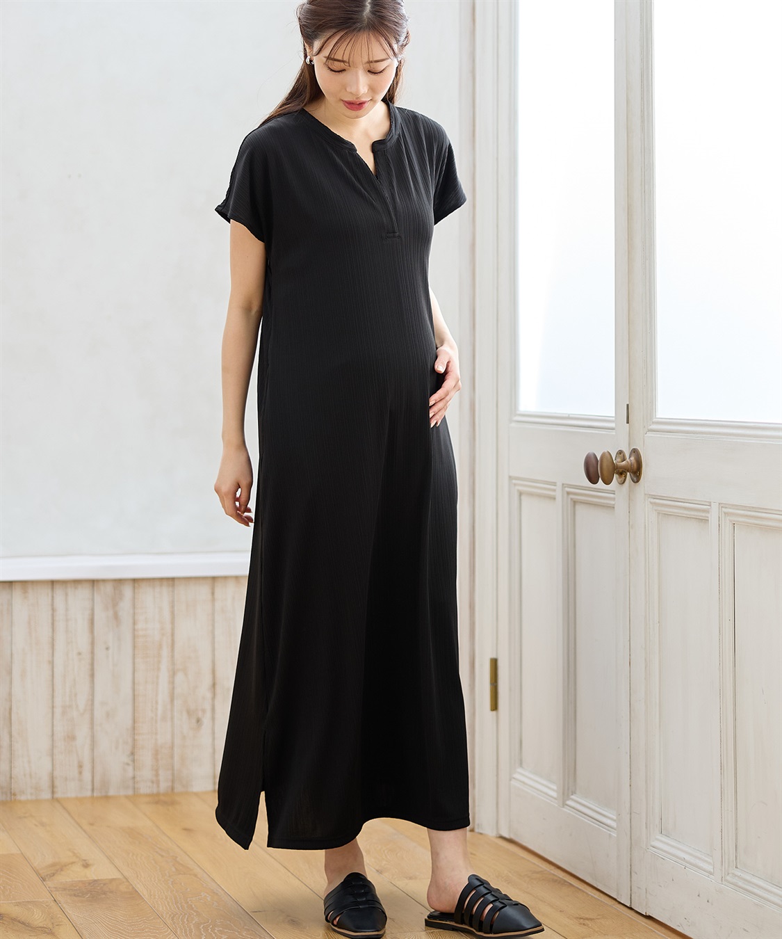 Rosemadame ランダムテレコ フレンチスリーブワンピース（マタニティ/授乳服）授乳口付き 授乳楽々 妊婦服 産前・産後対応_main