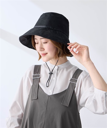 【Wpc.】UVカット接触冷感クロッシェハット【バケットハット 帽子 ハット つば部分 完全遮光100％＆完全UVカット100％生地 UPF50+ あご紐付き 日焼け対策 紫外線対策】(ブラック-フリー)