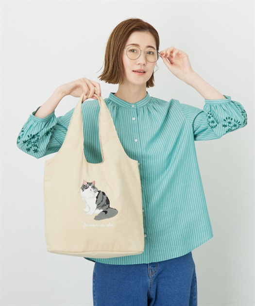 JOIN PARK アニマル柄刺しゅうコーデュロイトートバッグ【犬・猫刺しゅう】