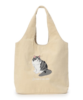 アニマル柄刺しゅうコーデュロイトートバッグ【犬・猫刺しゅう】(オフ-アソート)