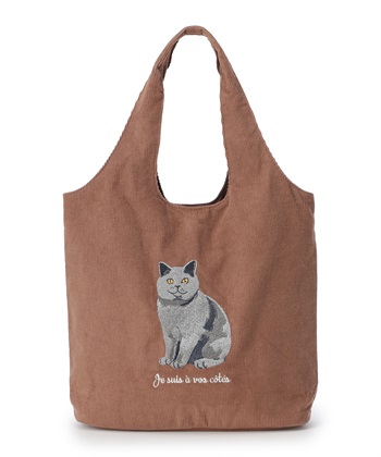 アニマル柄刺しゅうコーデュロイトートバッグ【犬・猫刺しゅう】(茶-アソート)