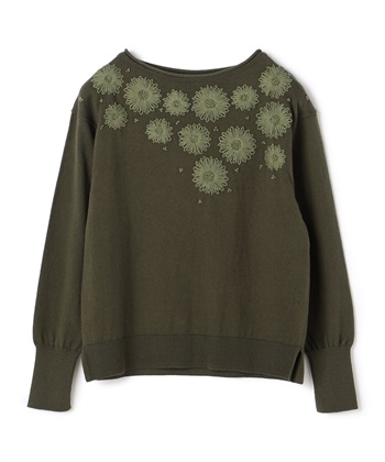 フラワーモチーフ長袖ニット(カーキ-9号)