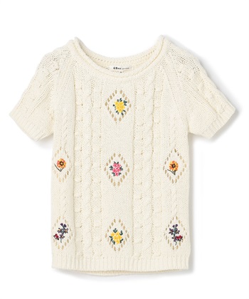 刺繍入りフィッシャーマン半袖ニット(オフホワイト-9号)