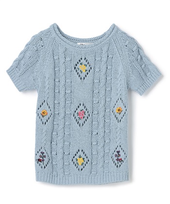 刺繍入りフィッシャーマン半袖ニット(ブルー-9号)