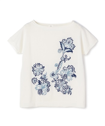 フラワー刺繍入りコットン半袖ニット(オフホワイト-9号)