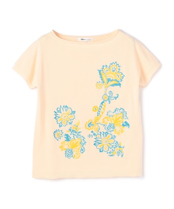 フラワー刺繍入りコットン半袖ニット(ベージュ-9号)