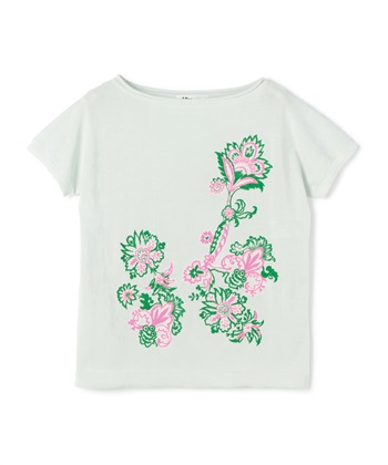 フラワー刺繍入りコットン半袖ニット(ブルー-9号)