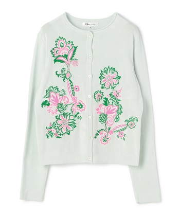 フラワー刺繍入りコットンカーディガン(ブルー-9号)