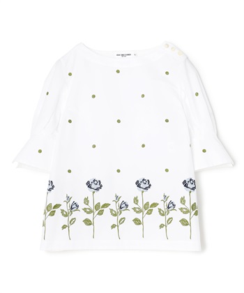 ローズ×ドット刺しゅうブラウス(ブルー-9号)