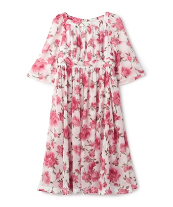 【TIME SALE】ロース柄プリントギャザーワンピース(オフホワイト-9号)