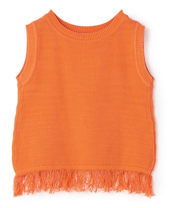 裾フリンジノースリーブニットプルオーバー(オレンジ-9号)