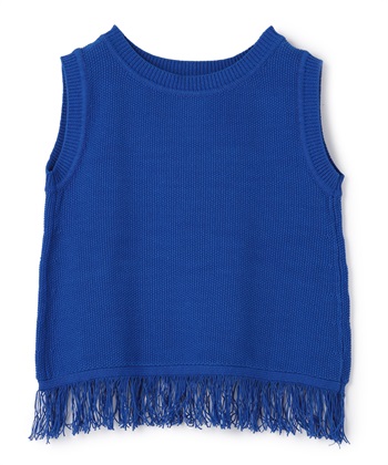 裾フリンジノースリーブニットプルオーバー(ブルー-9号)