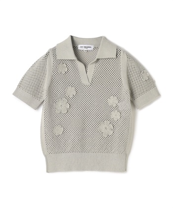 クロシェフラワー付き半袖ニットトップス(ライトグレー-9号)