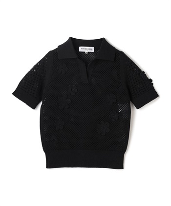 クロシェフラワー付き半袖ニットトップス(ブラック-9号)