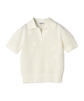 クロシェフラワー付き半袖ニットトップス(オフホワイト-9号)