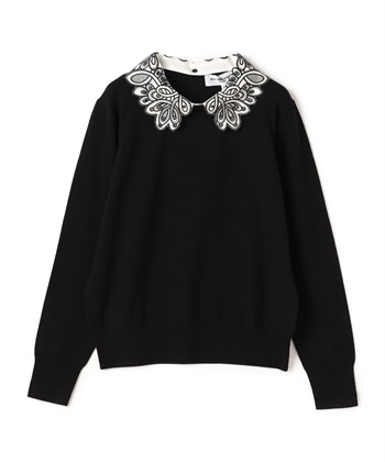 2WAYレース襟長袖ニットプルオーバー(ブラック-9号)